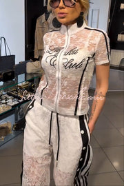 Lace Striped Patchwork High Neck Zip-Up Top & Pants Set
