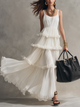White Pleated Tiered Maxi Dress with U-Neckline