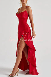 Satin Back Lace-Up High Low Ruffle Maxi Dress