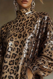 Leopard Print Sequin Turtleneck Mini Dress with Tassel Hem