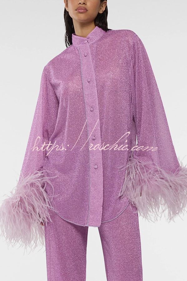 Glitter Feather Trim Two-Piece Lounge Set – Long Sleeve & Pants