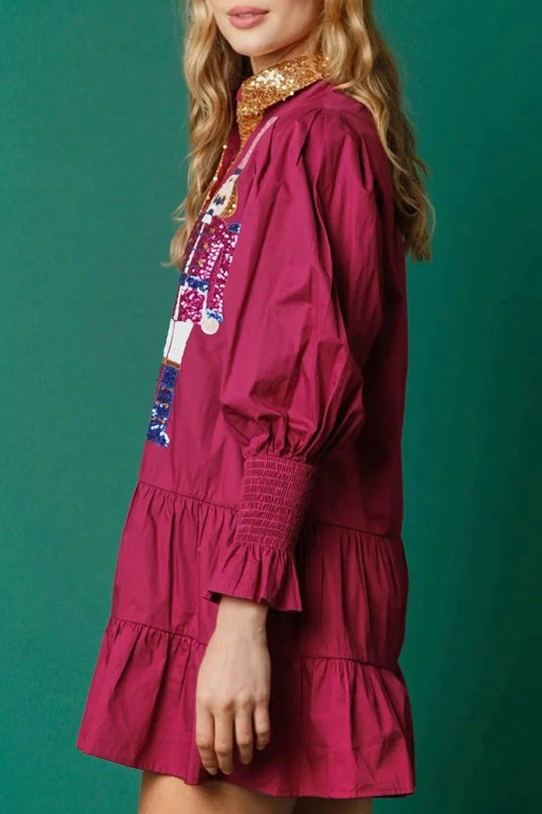 Sequined Nutcracker Button-Down Long Sleeve Mini Dress