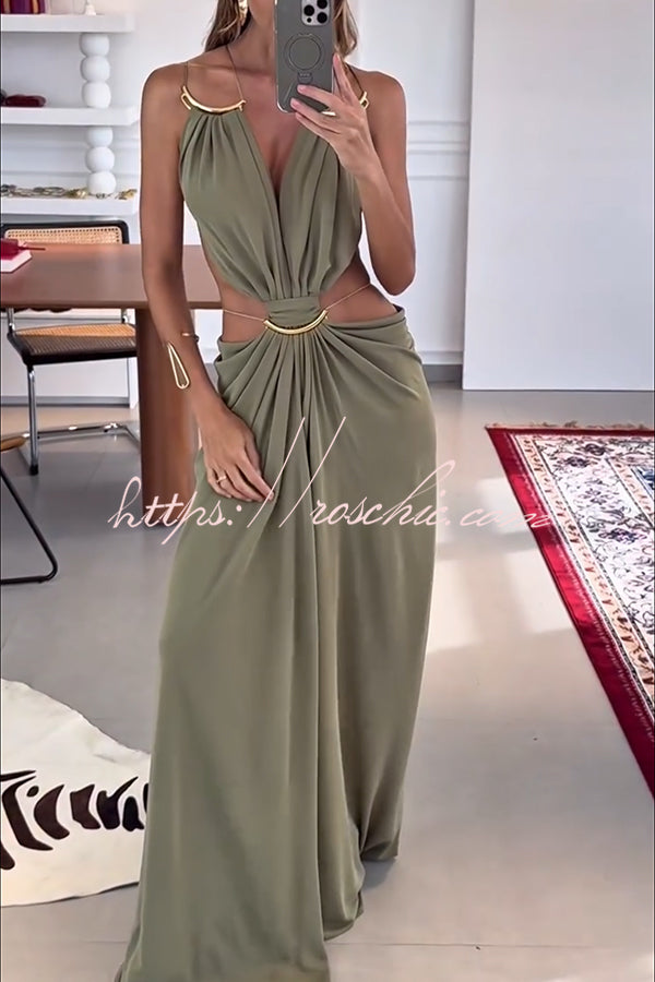 Metal-Link Cutout Back Lace-Up Drape Maxi Dress