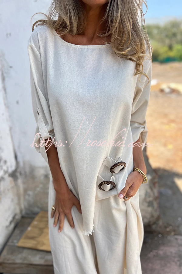 Linen Blend Midi Blouse and Wide-Leg Pants Set