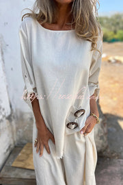 Linen Blend Midi Blouse and Wide-Leg Pants Set