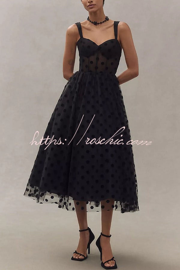 Tulle Polka Dot Sweetheart Bustier A-Line Midi Dress