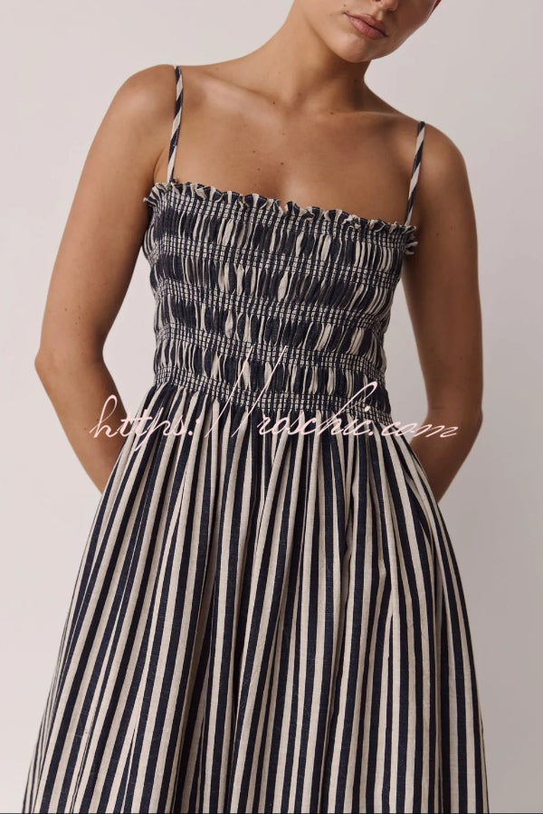 Striped Spaghetti Strap Pleated Maxi Dress with Pockets