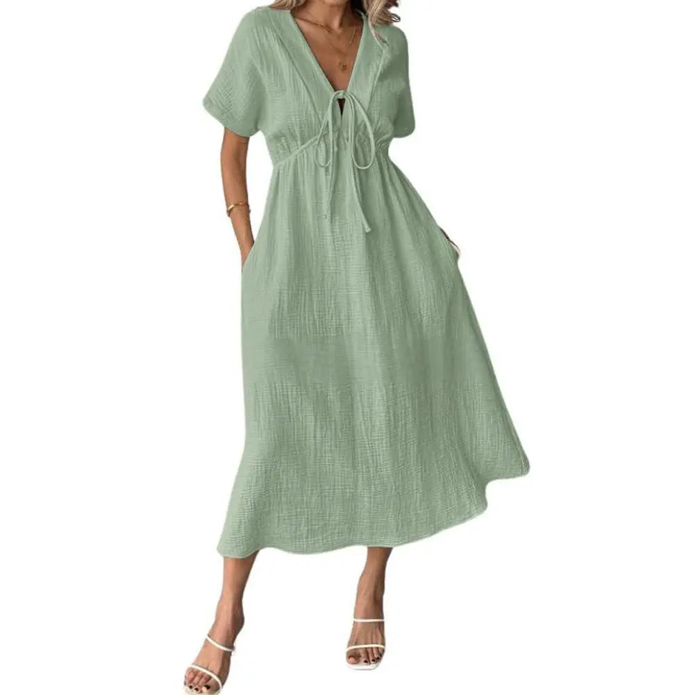 Women's Cotton V-Neck Drawstring Casual Beach Dress with Pockets