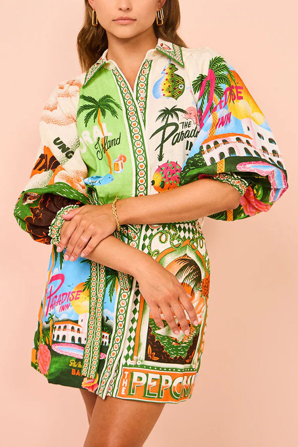 Linen Blend Printed Belted Shirt Mini Dress