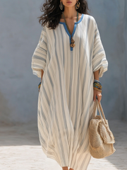 Blue Striped Bohemian Maxi Dress with Tiered Skirt