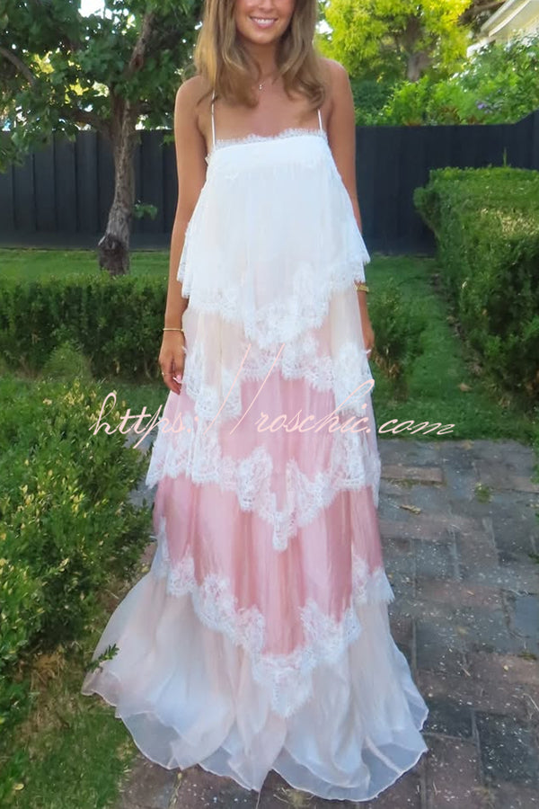 Gradient Lace Trim Tiered Maxi Dress with Adjustable Straps