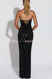 Sequin Pleated Cowl Neck Strapless Maxi Dress