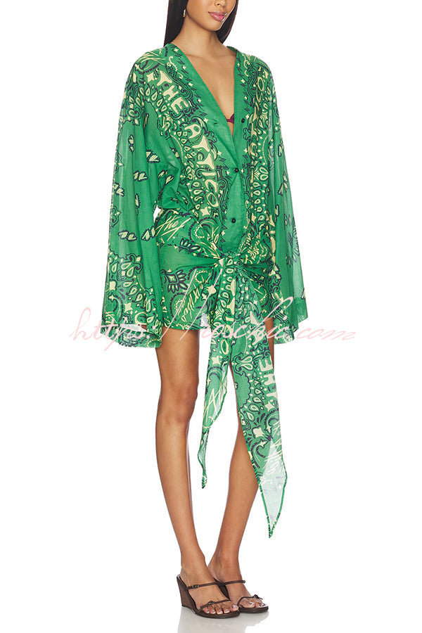 Linen Blend Ethnic Print Bell Sleeve Mini Wrap Dress