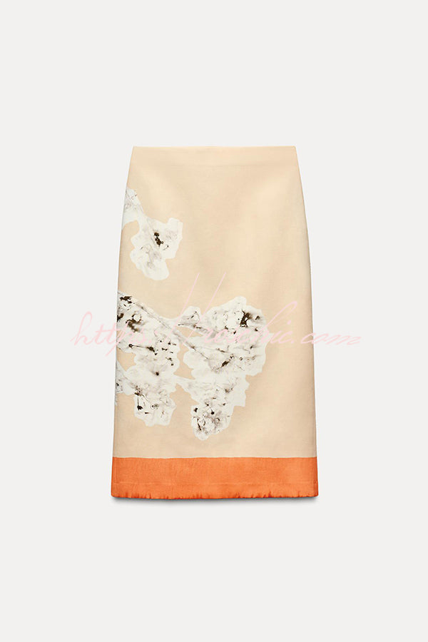 Linen Blend Flower Print High Rise Pencil Midi Skirt