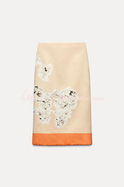 Linen Blend Flower Print High Rise Pencil Midi Skirt