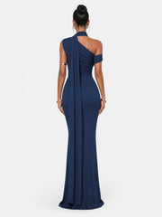 One Shoulder Formal Evening Gown with Built-In Bra, Ruched Mesh
