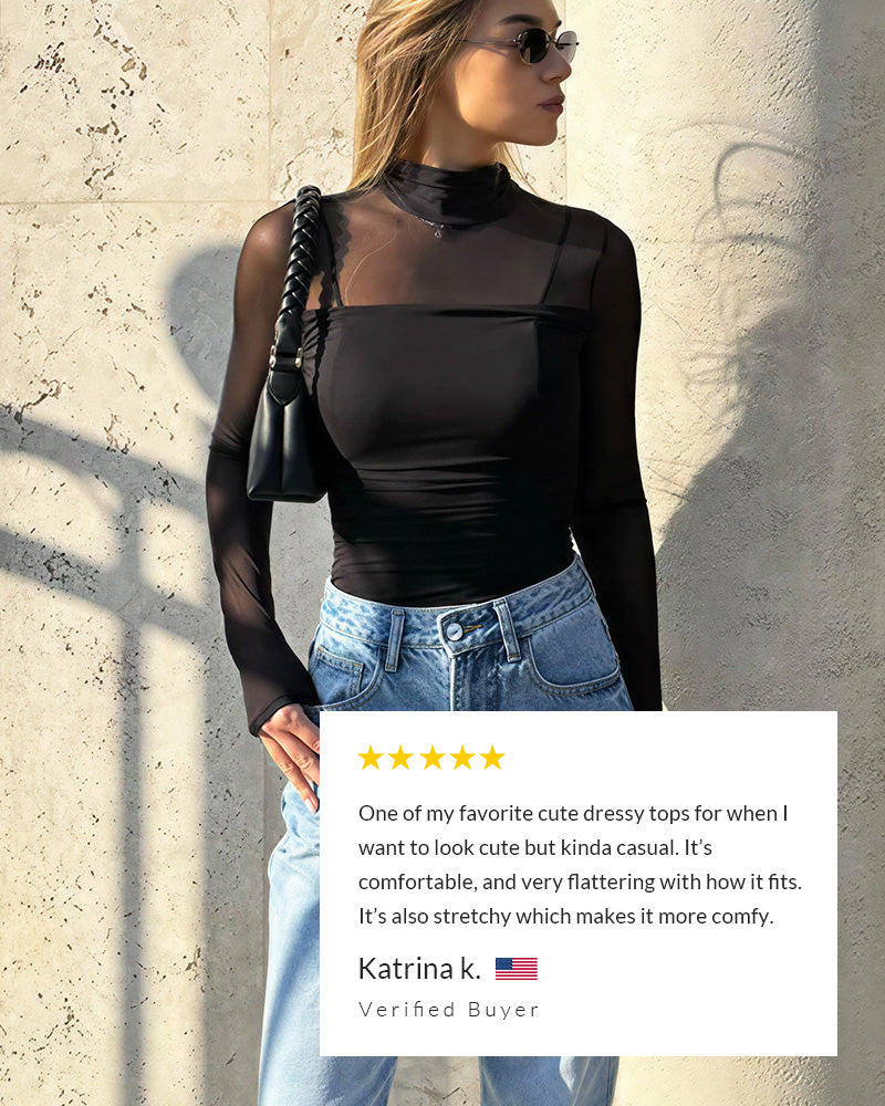 Sheer Mesh Turtleneck Shapewear Top - Long Sleeve Ruched Fit