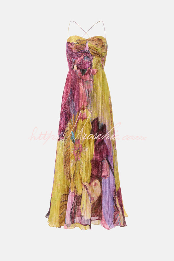 Robe longue plissée sans manches à col en cœur et imprimé floral