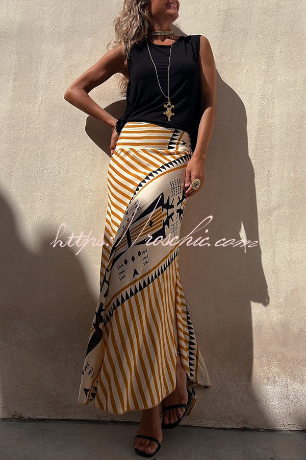 Satin Geometric Print Maxi Skirt with Elastic Waist