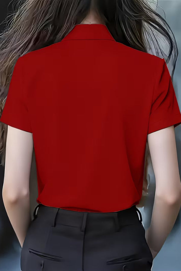 Tie-Neck Ruffle Collar Short Sleeve Shirt | Loose Fit Blouse