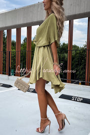 Batwing Sleeve Satin Mini Dress – Loose Fit V-Neck
