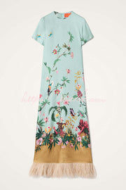Satin Floral Print Maxi Dress with Feather Trim & Pocket