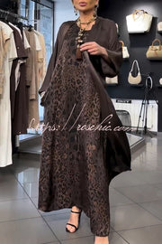 Satin Leopard Print Maxi Dress & Batwing Kimono Two-Piece Set