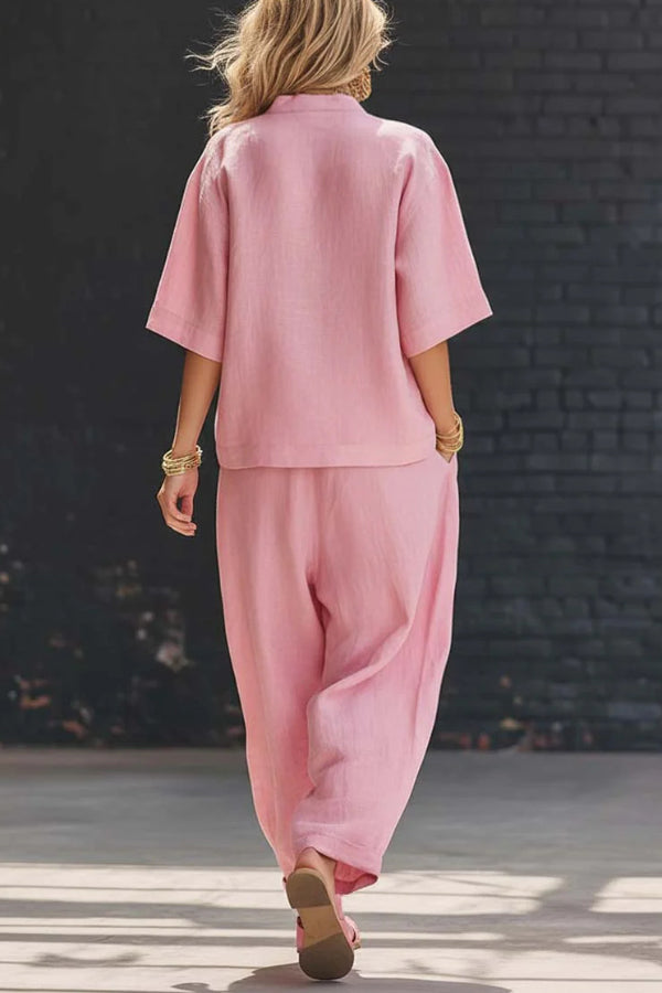 Linen Blend V-Neck Top & Elastic Waist Pants Set – Loose Fit