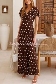 Robe longue à pois – Robe de vacances à manches courtes et col en V