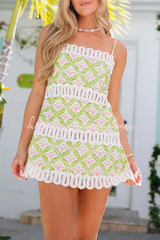Mini-robe à bordure en crochet – Robe d'été imprimée à col carré
