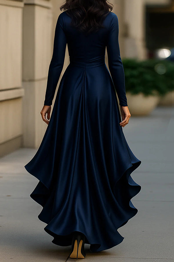 Satin V-Neck Long Sleeve Ruffled Maxi Dress