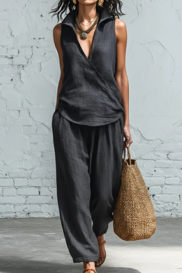 Linen Blend Sleeveless Top & Elastic Waist Pants Set