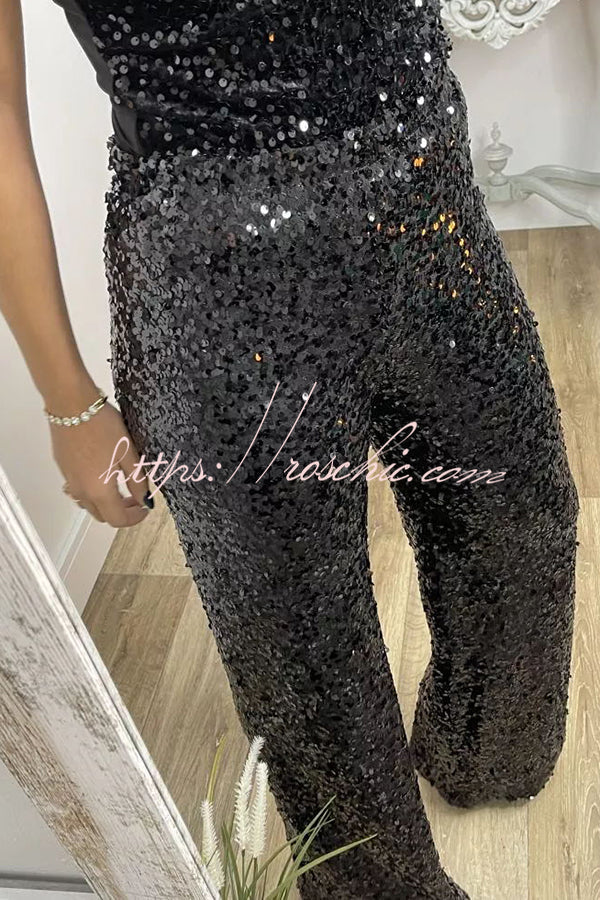 Sequin Wide Leg Pants High Rise Elastic Waist Party