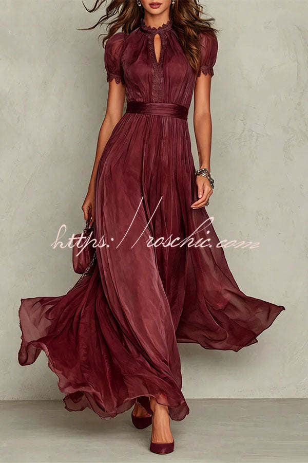Lace Trim Keyhole Puff Sleeve Chiffon Maxi Dress
