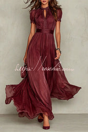 Lace Trim Keyhole Puff Sleeve Chiffon Maxi Dress