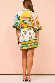 Linen Blend Printed Belted Shirt Mini Dress