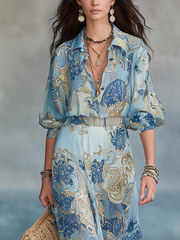 Blue Floral Chiffon Maxi Dress with Three-Quarter Sleeves
