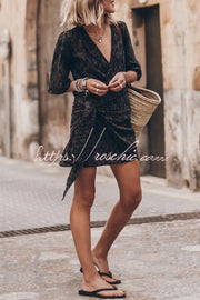 Cotton Linen Blend Knotted Wrap Mini Dress