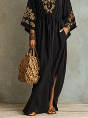 Bohemian Embroidered Black Maxi Dress with Waist Tie