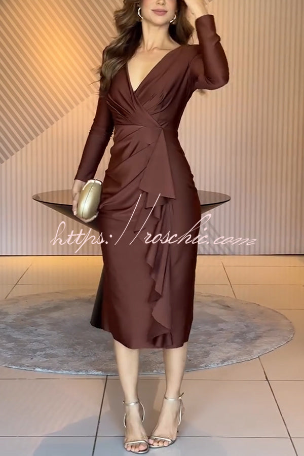 Satin Long Sleeve Midi Dress with Ruffled Hem & Slit