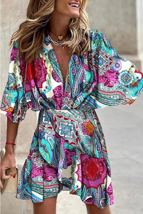 Printed Mini Dress with V-Neck & Loose Fit