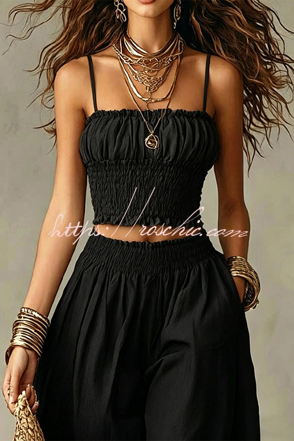 Olive Pleated Crop Top & Wide-Leg Pants Set