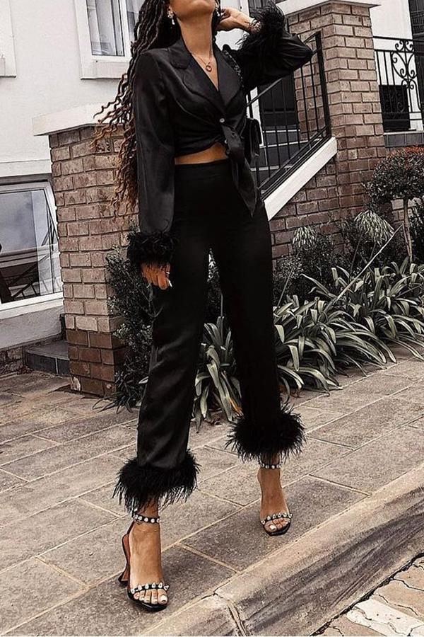 Feather Trim Lapel Two-Piece Pant Suit | Solid Color