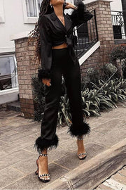 Feather Trim Lapel Two-Piece Pant Suit | Solid Color