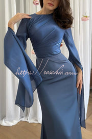 Ruched Organza Satin Patchwork Maxi Dress with Bell Sleeves