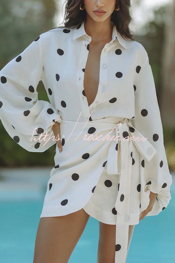 Linen Blend Polka Dot Balloon Sleeve Blouse & Mini Skirt Set