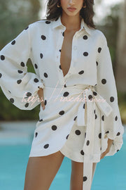 Linen Blend Polka Dot Balloon Sleeve Blouse & Mini Skirt Set