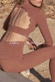 Open Back Long Sleeve Yoga Crop Top with Petal Trim