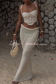 Crochet Knit Pearl Trim Sweetheart Crop Tank Top