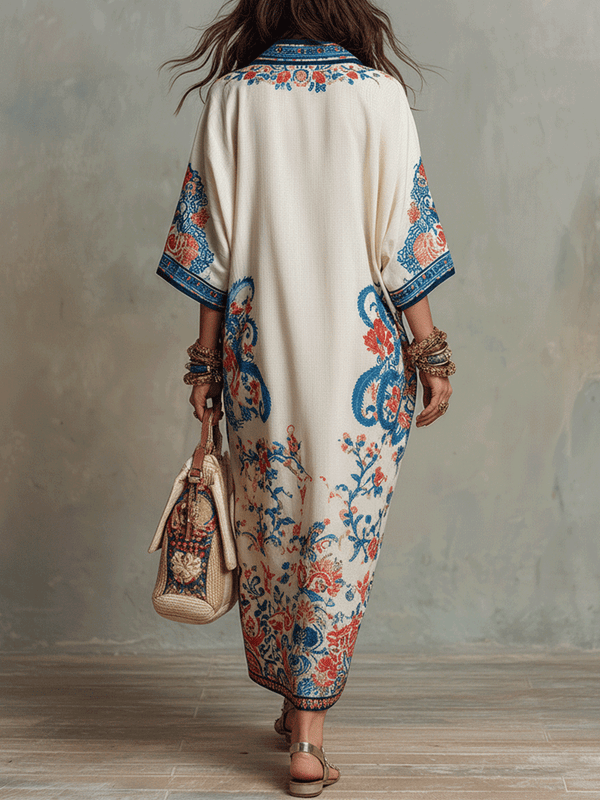 Robe midi caftan bohème fleuri à motif cachemire en bleu ivoire